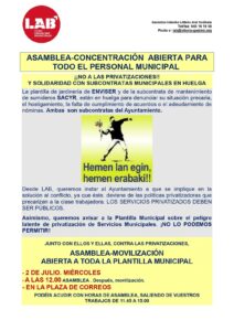 2 DE JULIO: ASAMBLEA y CONCENTRACIÓN ABIERTA A TODA LA PLANTILLA
